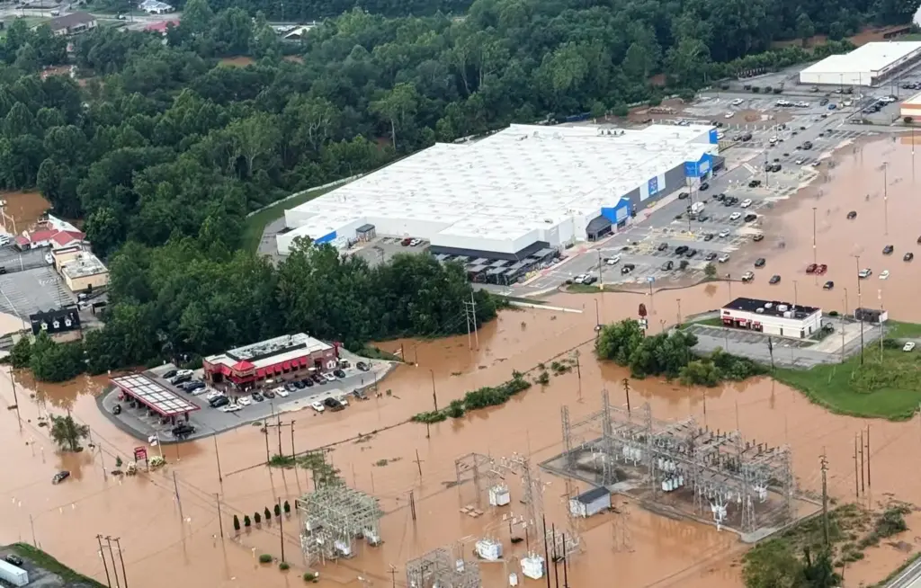 An Aerial view shows extensive flooding in Buckhannon, W.Va., Wednesday,...