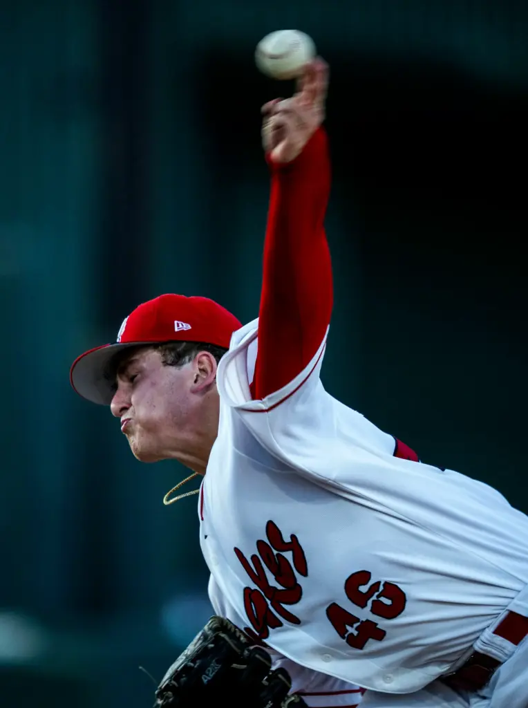Rancho Cucamonga Quakes pitcher Talon Haley pitches against Lake Elsinore...