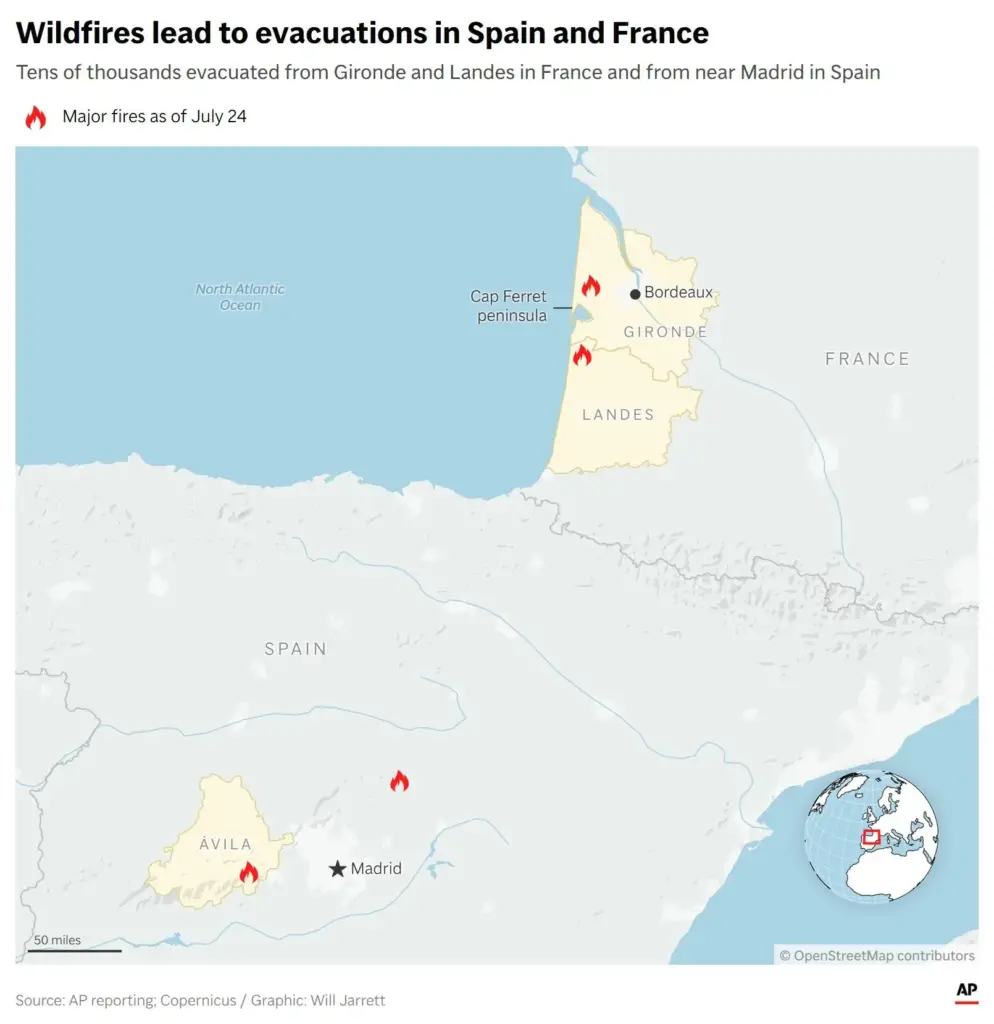 A map showing major wildfires near Bordeaux and Madrid. (AP...
