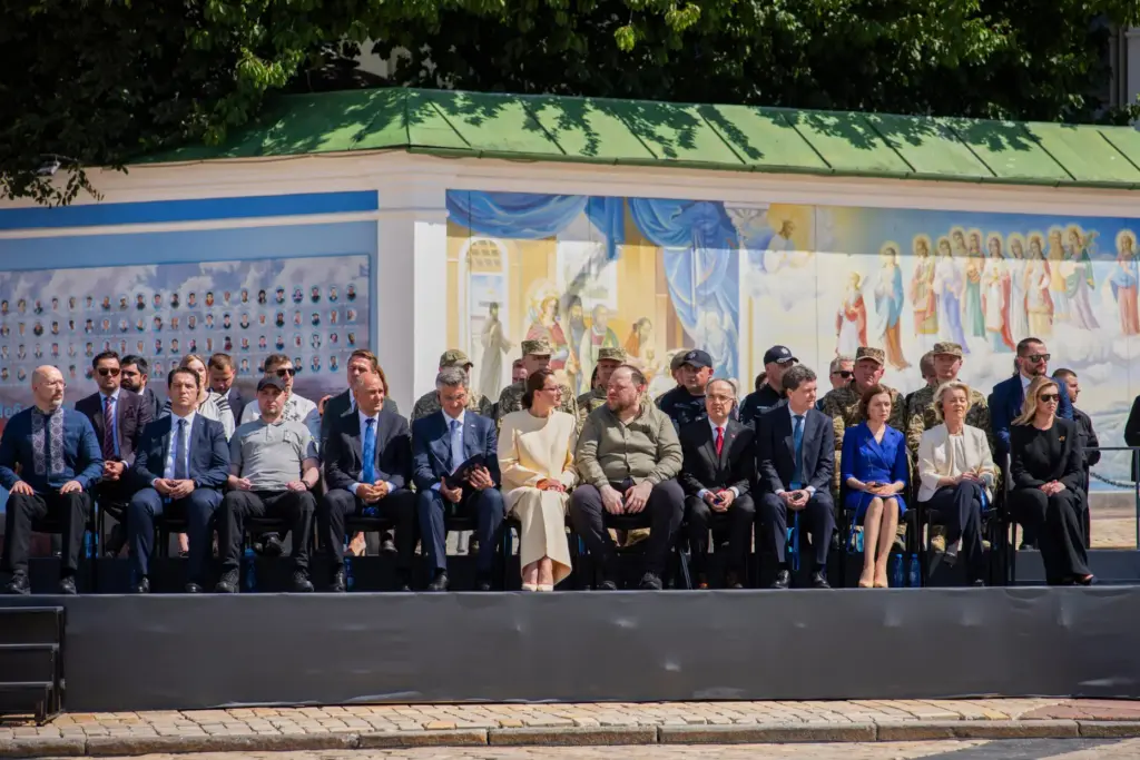 Ukrainian and EU officials attend a ceremony in Kyiv.