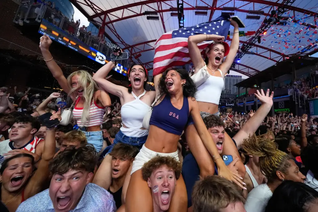 Fans celebrate after a United States goal during a World Cup watch party.