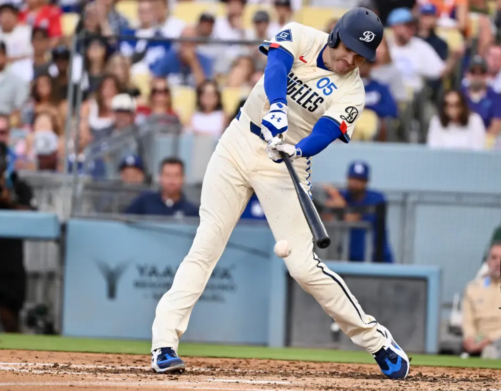 Freddie Freeman of the Dodgers singles against the Arizona Diamondbacks...