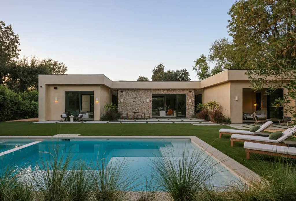 An expansive lawn frames the backyard pool, spa and lounge...