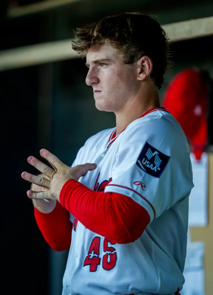 Rancho Cucamonga Quakes pitcher Talon Haley in the dugout against...