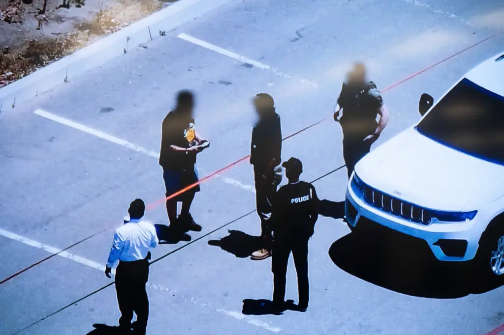 A photograph taken from FBI footage shows FBI agents apprehending an accused drone operator during the World Cup. (Photo by David Crane, Los Angeles Daily News/SCNG)