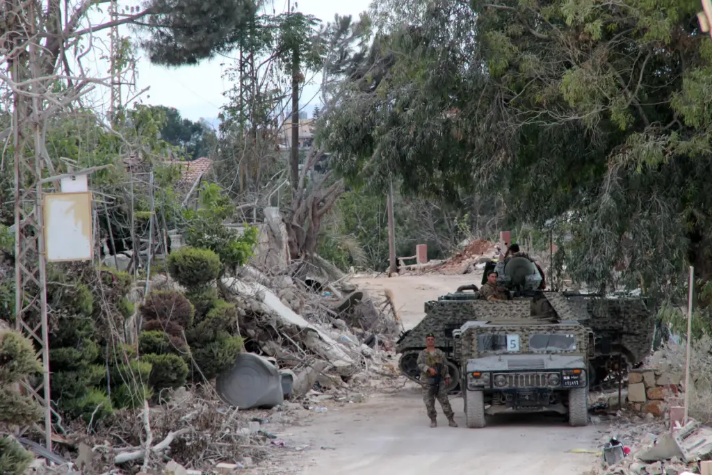 Lebanese soldiers deploy in the village of Zawtar al-Gharbiyeh, southern...