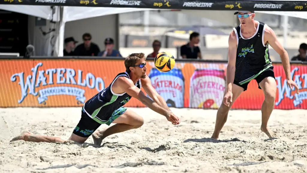 Miami Mayhemâs Taylor Crabb digs for the ball as he...