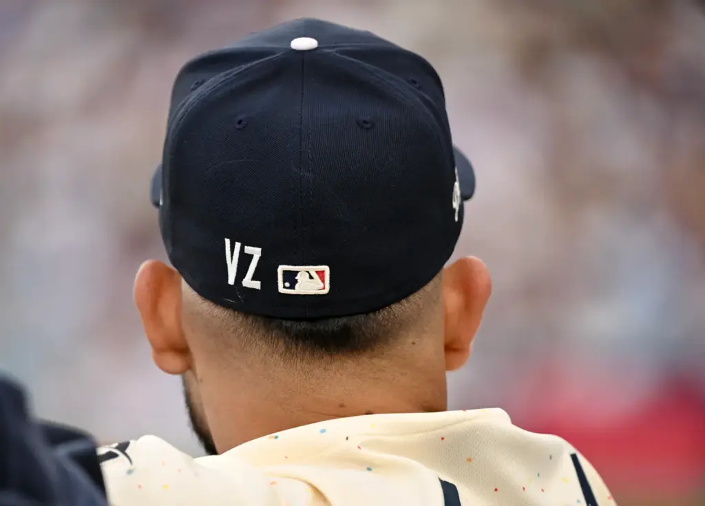 Eliezer Alfonzo of the Dodgers with VZ on his hat...