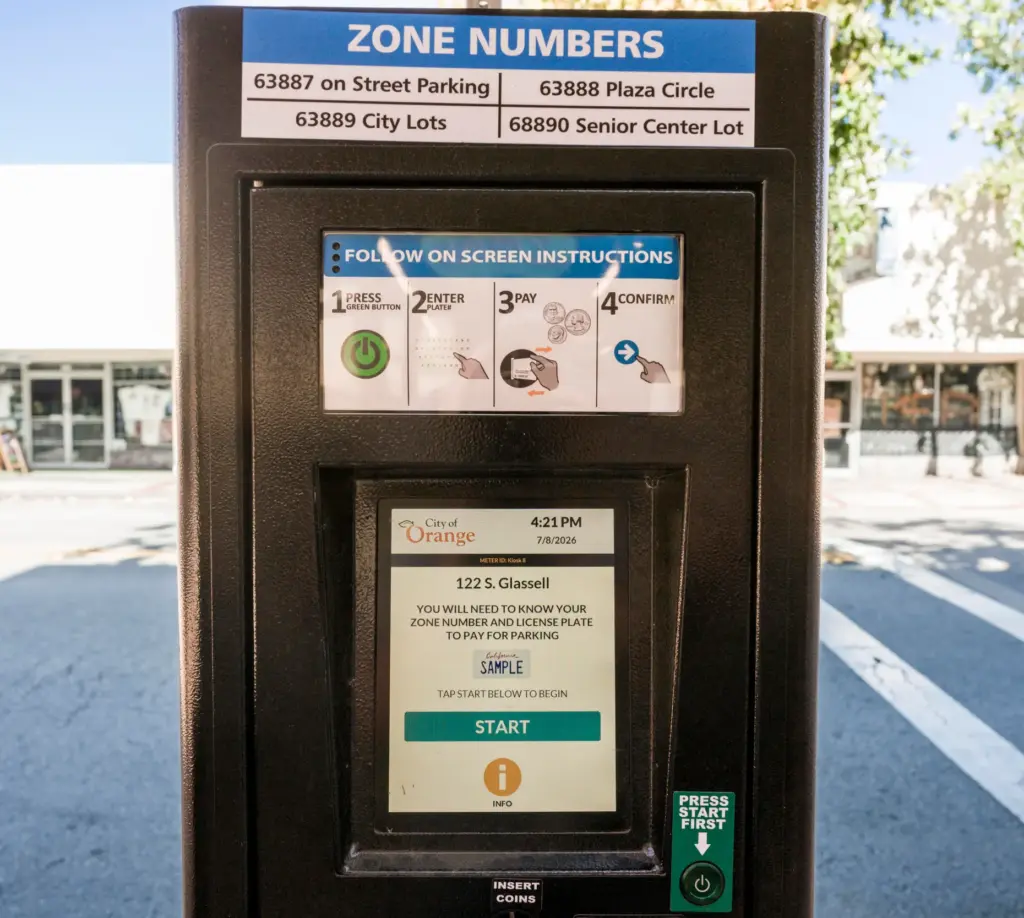 A parking kiosk on Glassell Street in Old Towne Orange...