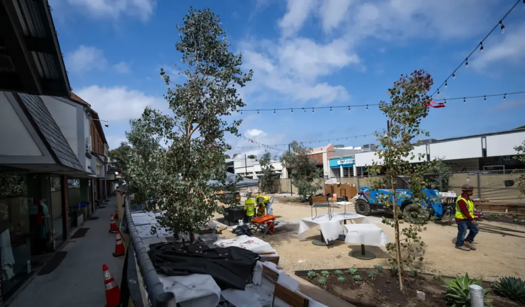 Work continues on the promenade along Forest Ave. in Laguna...