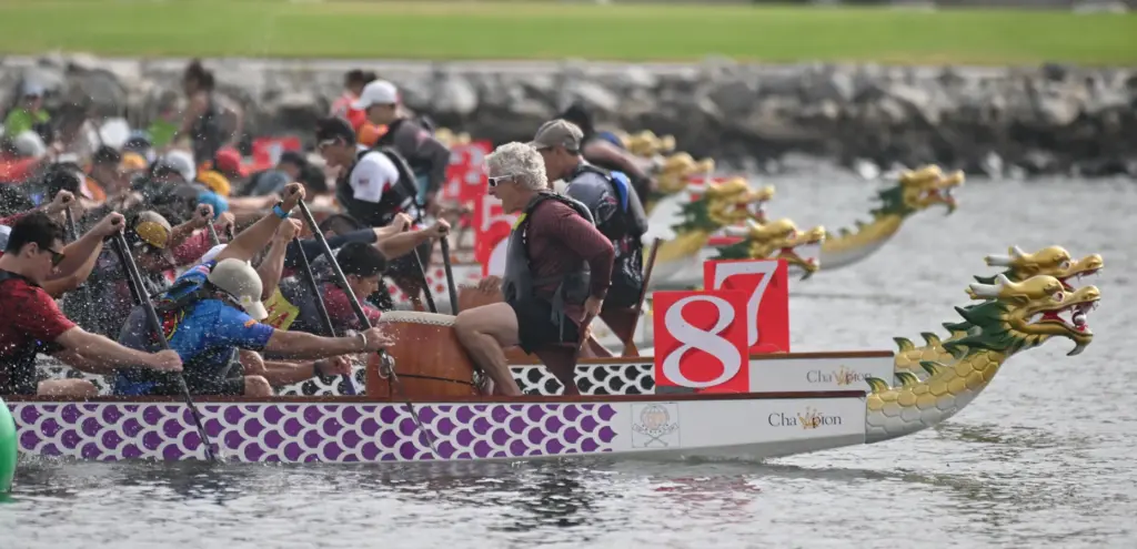 Teams race in the Long Beach Dragon Boat Festival at...