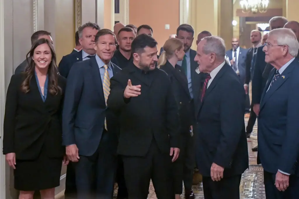 Ukraine's President Volodymyr Zelenskyy with Sens. Katie Britt, Richard Blumenthal, James Risch and Roger Wicker.