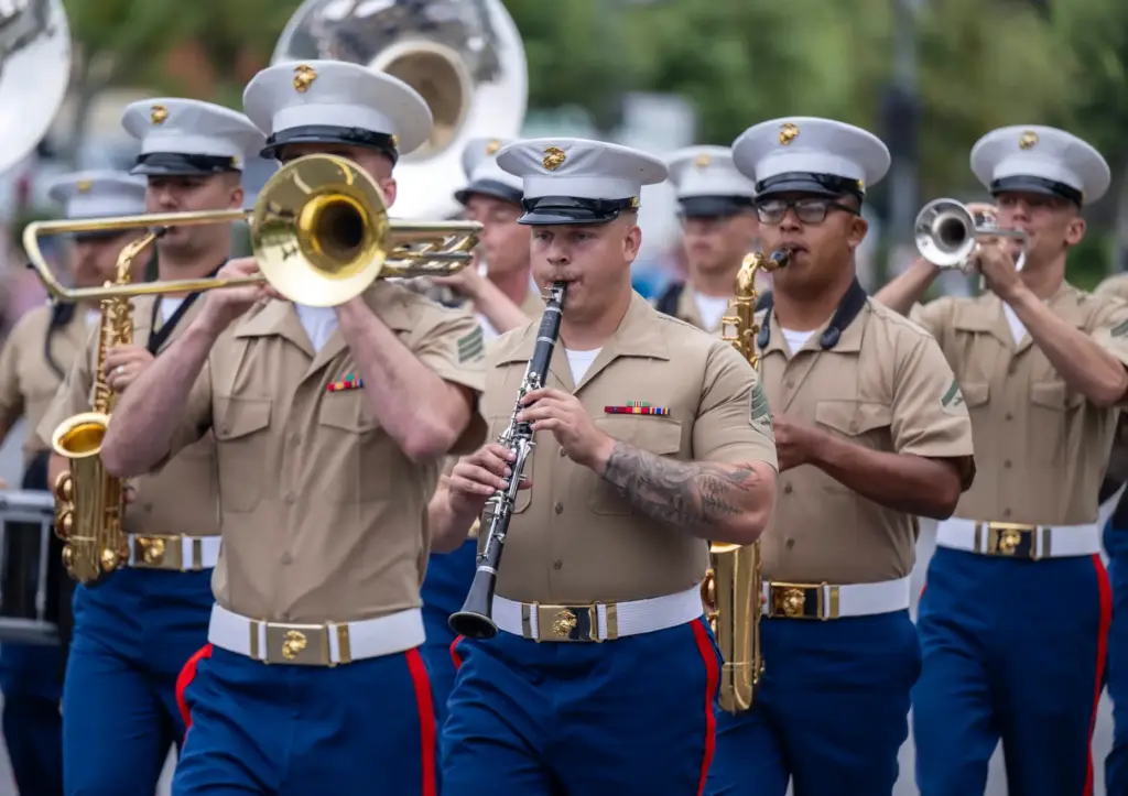 A First Marine Division marching band participates in the America...