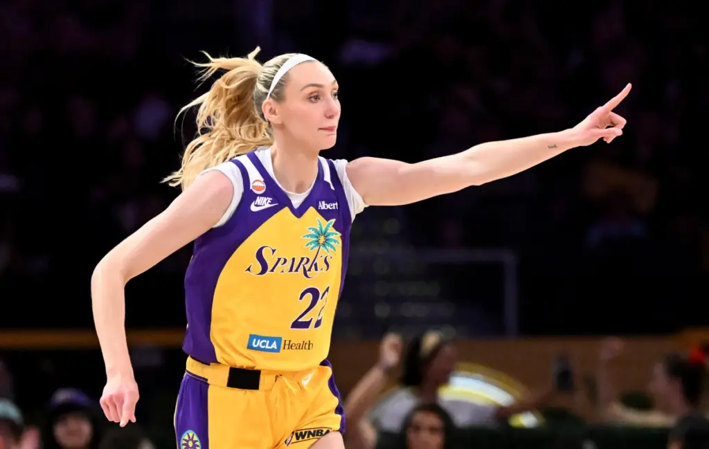 Sparks forward Cameron Brink gestures after making a 3-point shot...