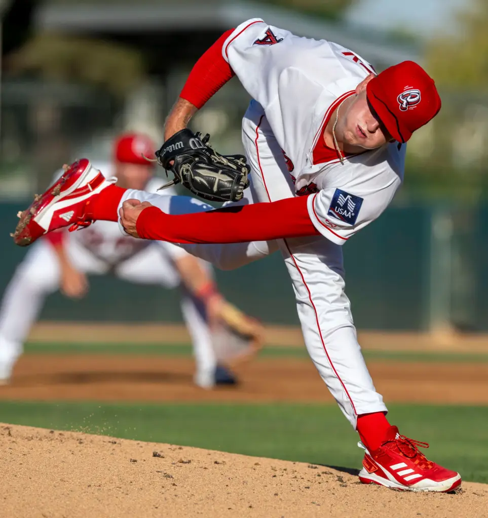 Rancho Cucamonga Quakes pitcher Talon Haley pitches against Lake Elsinore...