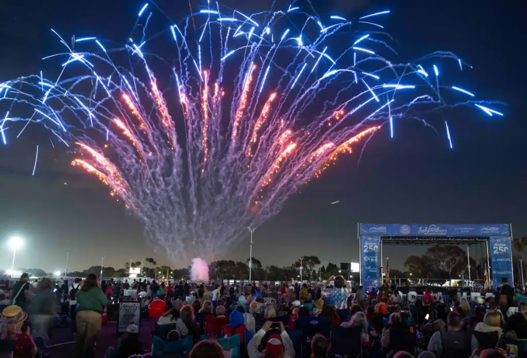 Fireworks explode over the OC Fair Event Center in Costa...