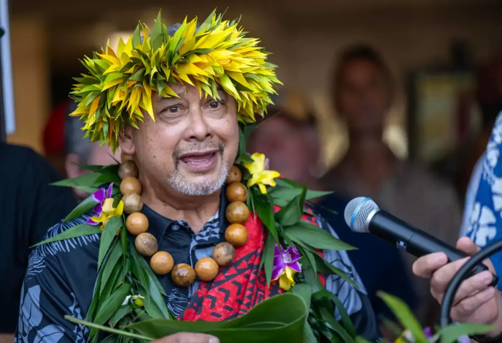 Kalani Akui offers a traditional Hawaiian blessing during a grand...