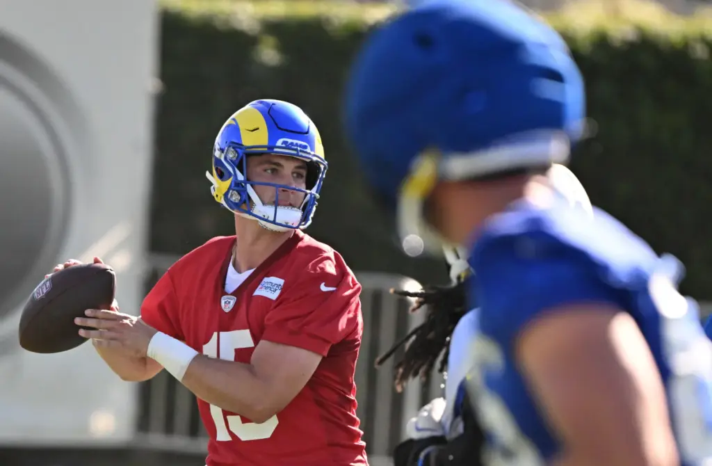 Rams quarterback Ty Simpson during the first day of training...