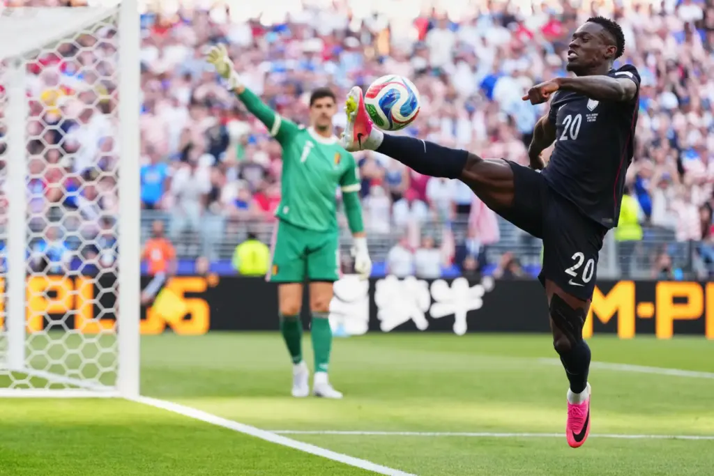 United States’ Folarin Balogun tries to control the ball during...