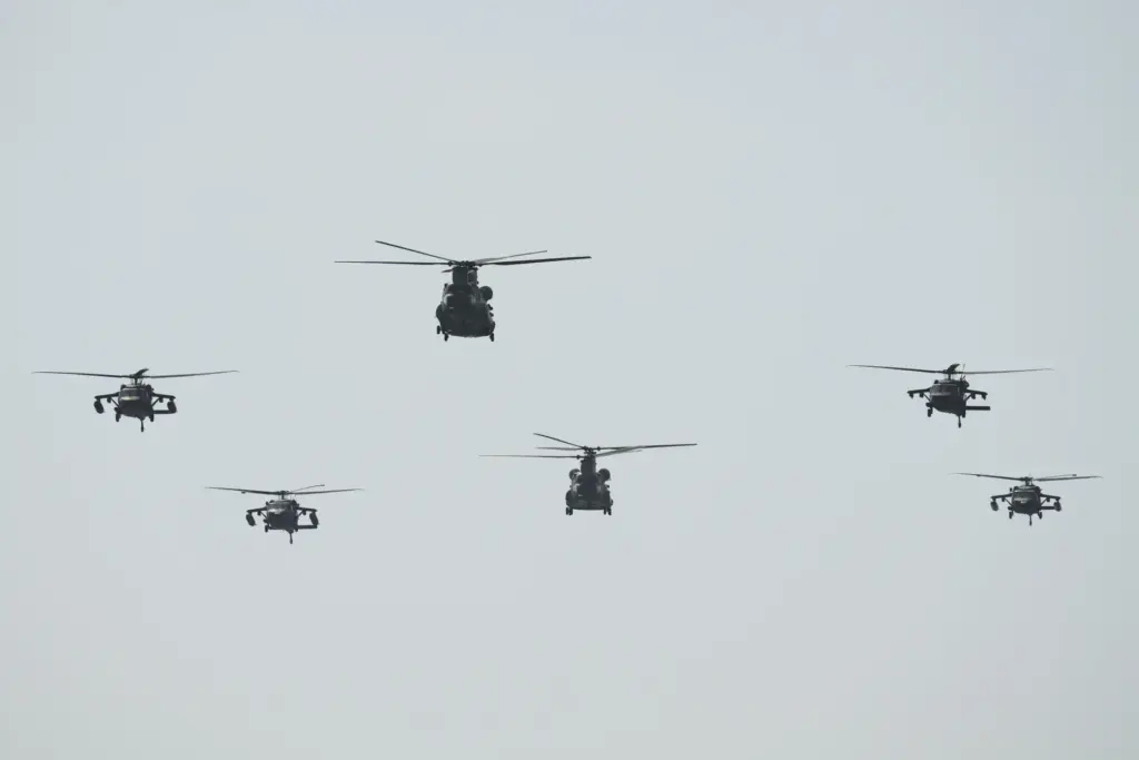 Helicopters fly during a U.S.-sponsored multinational military exercise in Panama City.