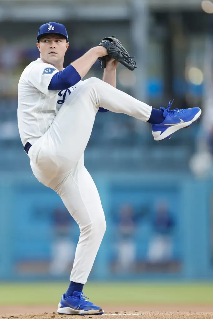 Dodgers starting pitcher Tarik Skubal throws to the plate during...