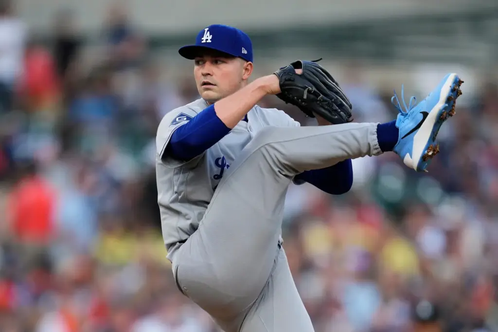 Dodgers pitcher Tarik Skubal throws to the plate during the...