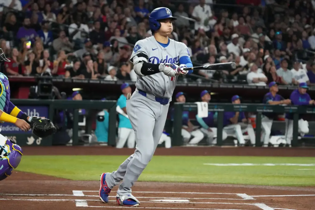 Dodgers star Shohei Ohtani hits against the Arizona Diamondbacks in...