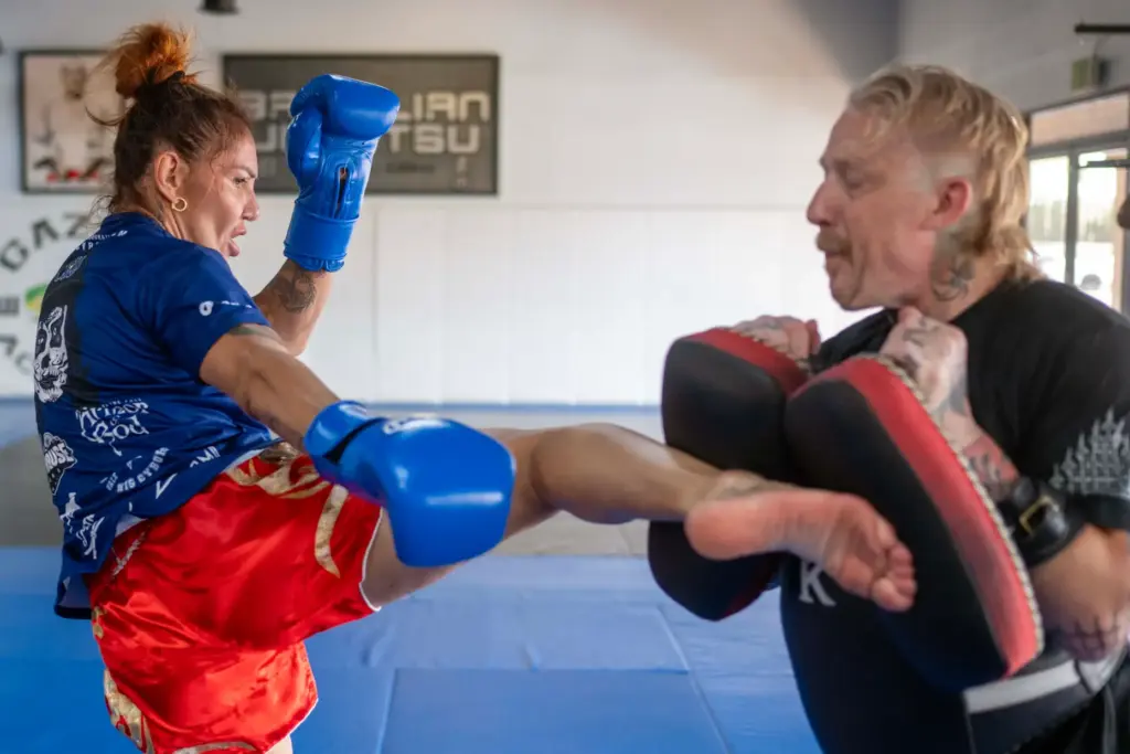 PFL featherweight champion Cris Cyborg works with Thai Boxing coach...