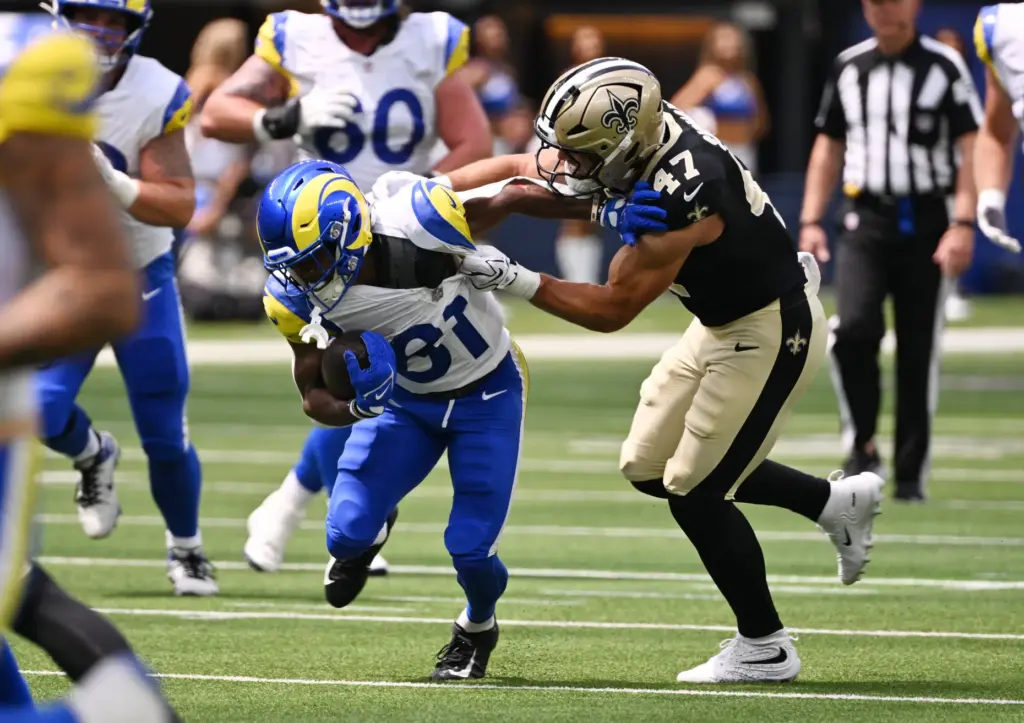 Rams wide receiver Brennan Presley (81) catches a pass and...