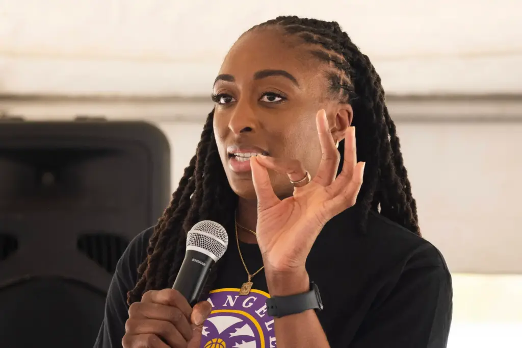 Nneka Ogwumike speaks during a topping-out ceremony for the Sparksâ...