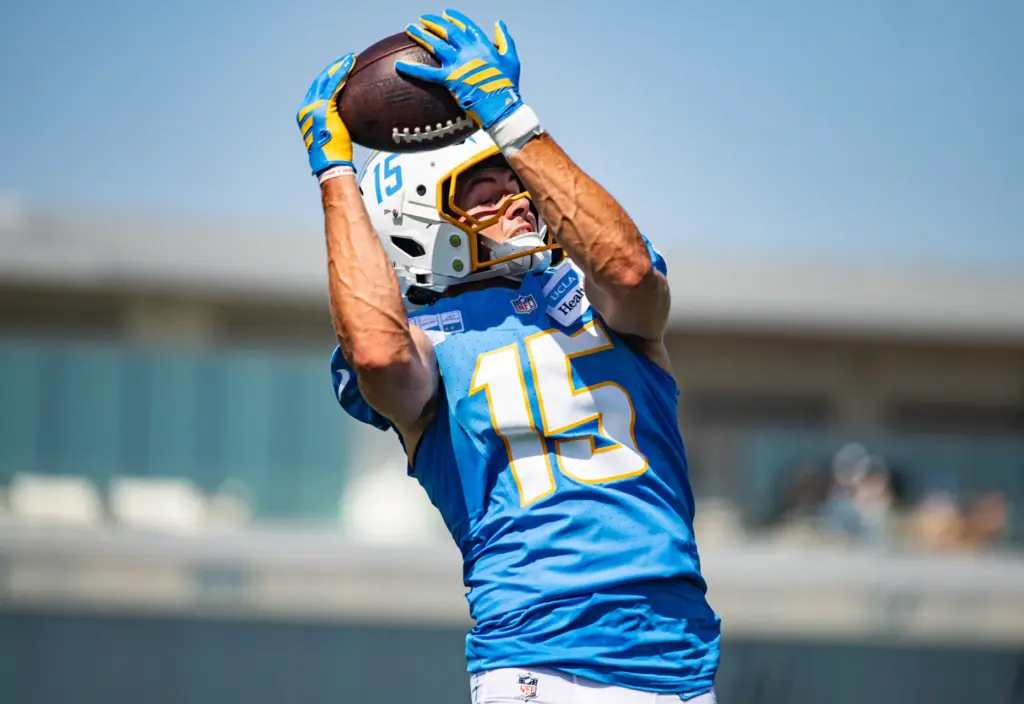 Los Angeles Chargers wide receiver Ladd McConkey’s eyes close as...