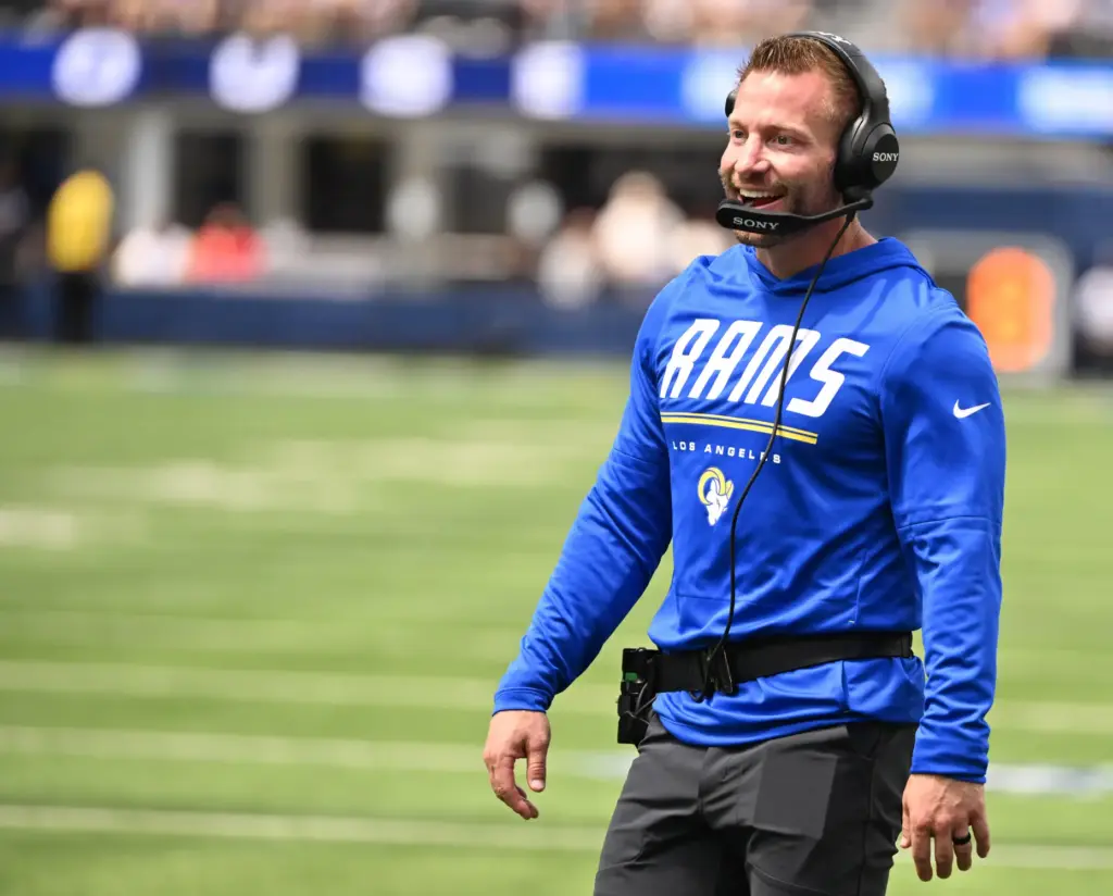 Rams head coach Sean McVay looks on after a touchdown...