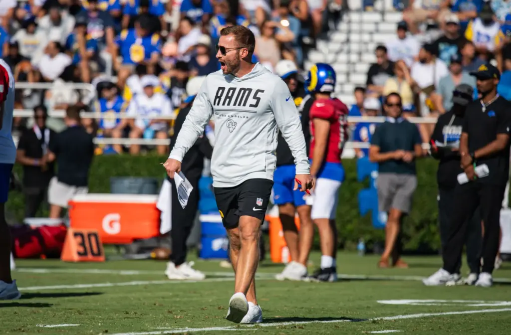 Rams coach Sean McVay walks on the field during a...