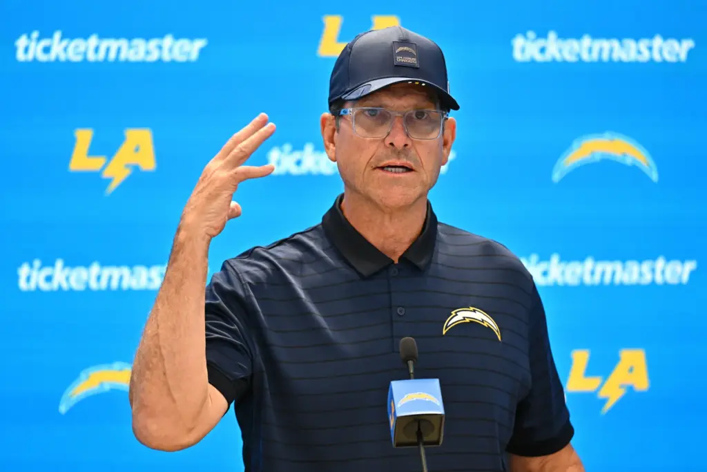 Chargers head coach Jim Harbaugh speaks to the media at...
