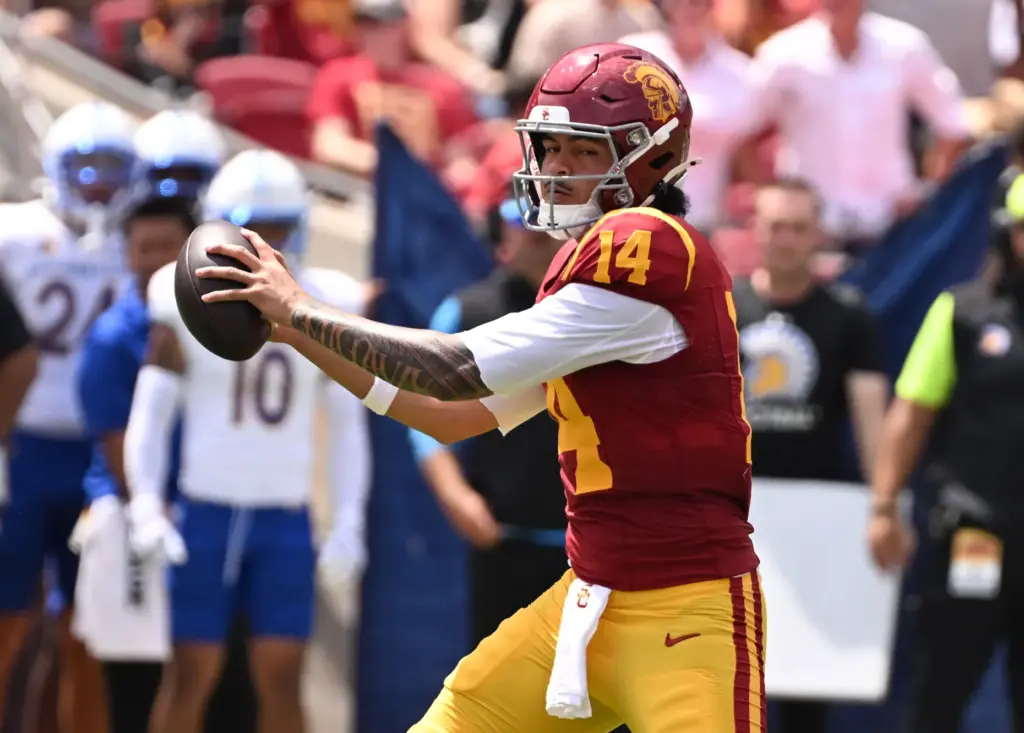 Quarterback Jayden Maiava (14) of the USC Trojans against the...