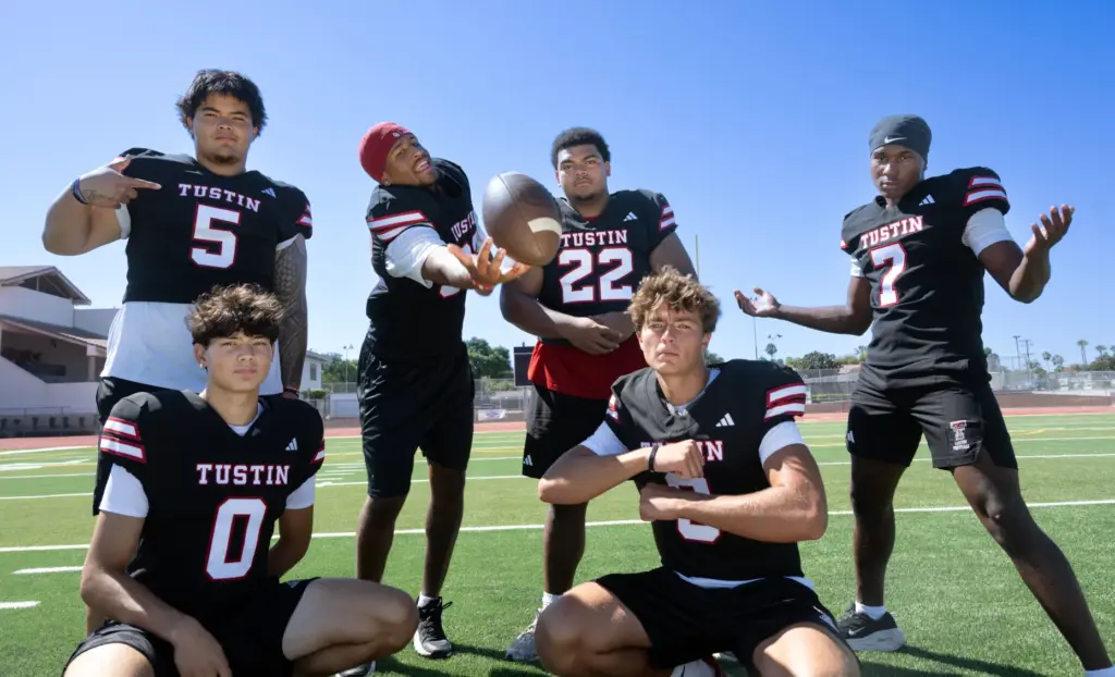 Tustin High School football players from bottom left: Hayden Koo...