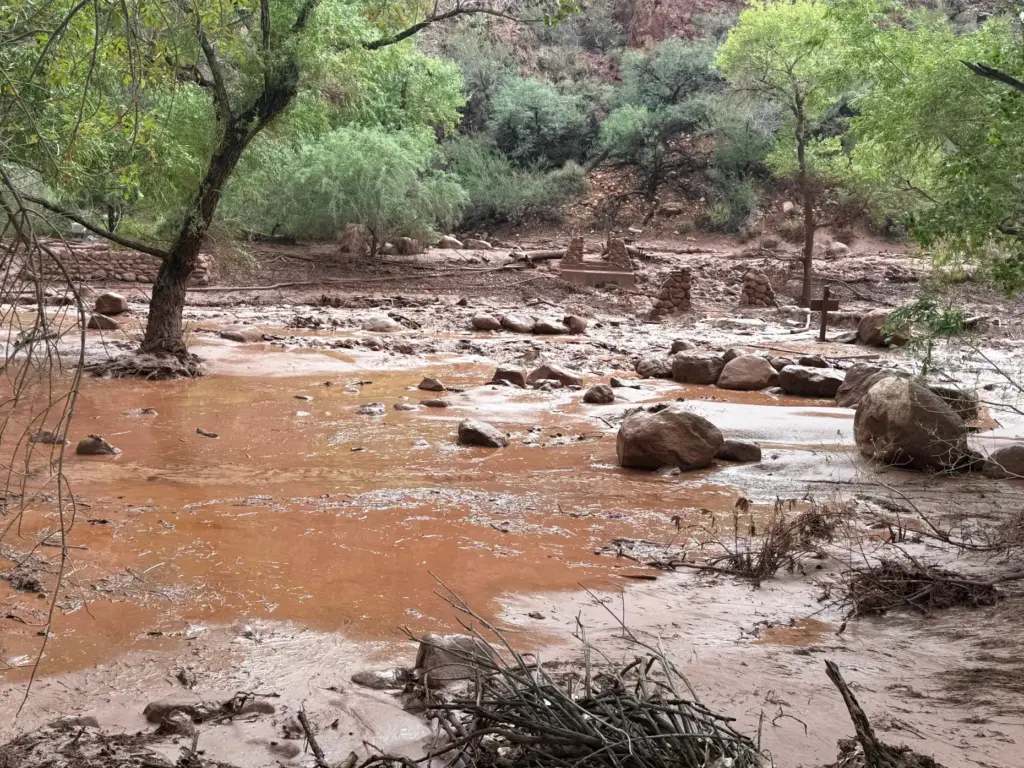 Remnants of stone bridge pylons along Bright Angel Creek in the Grand Canyon