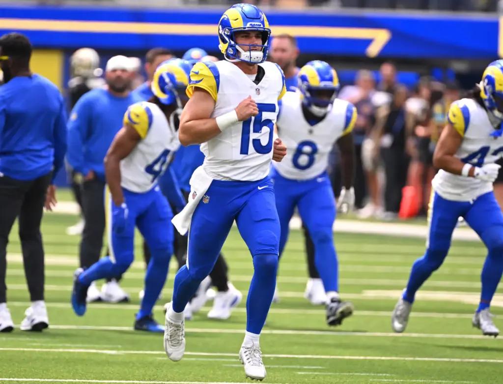 Quarterback Ty Simpson (15) of the Los Angeles Rams prior...