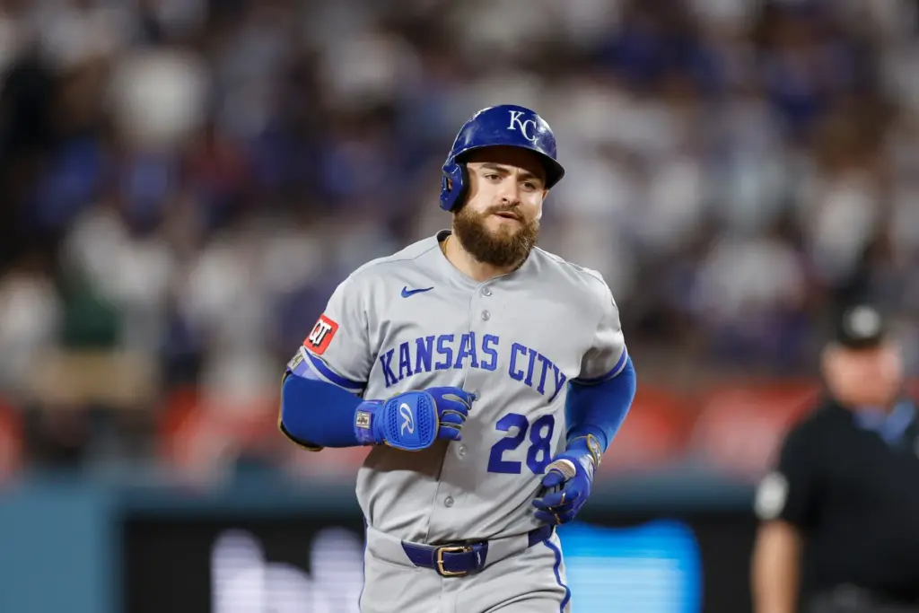 The Kansas City Royals’ Kyle Isbel runs the bases after...