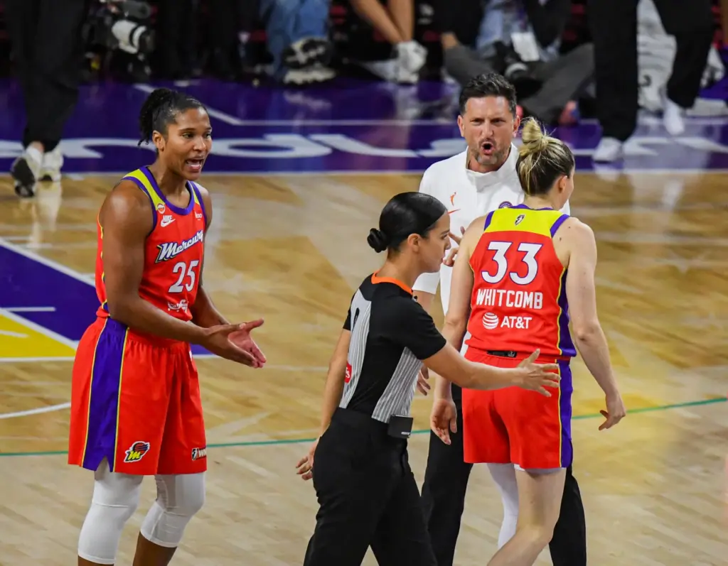 Phoenix Mercury coach Nate Tibbetts argues with a referee during...