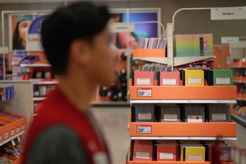 An employee passes the back-to-school section at a Target store.