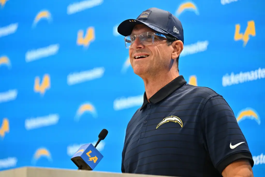 Chargers head coach Jim Harbaugh speaks to the media at...