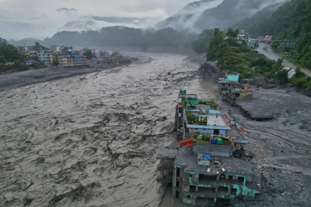A drone view of the aftermath of flash flooding along the Trishuli river.