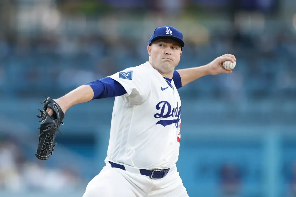 Dodgers starting pitcher Tarik Skubal throws to the plate during...