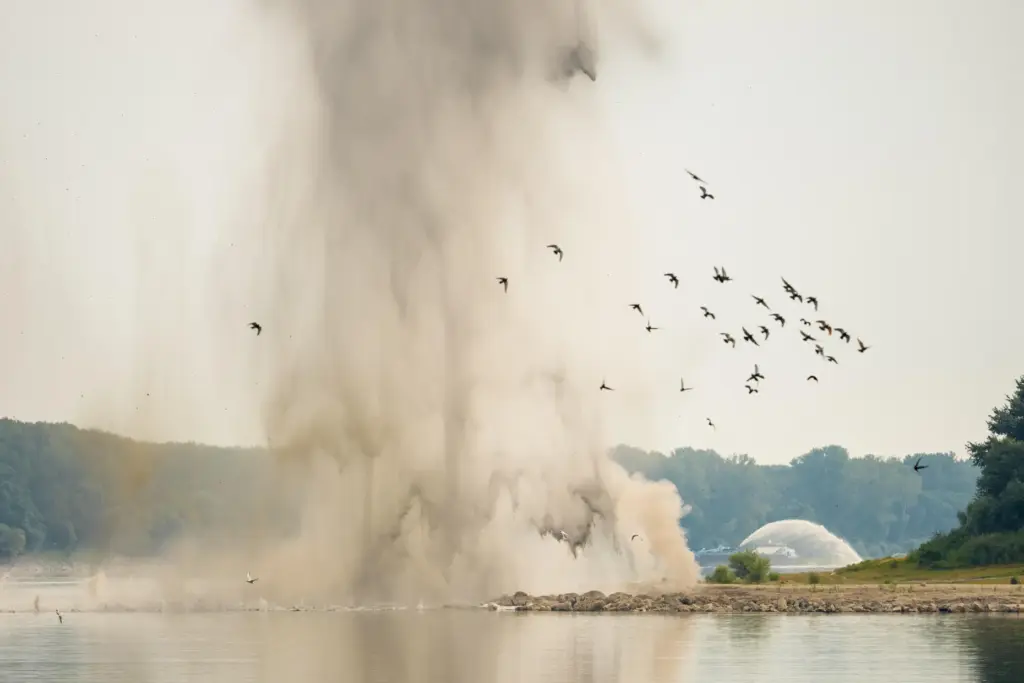 Birds fly after a controlled demolition by the Romanian Navy...