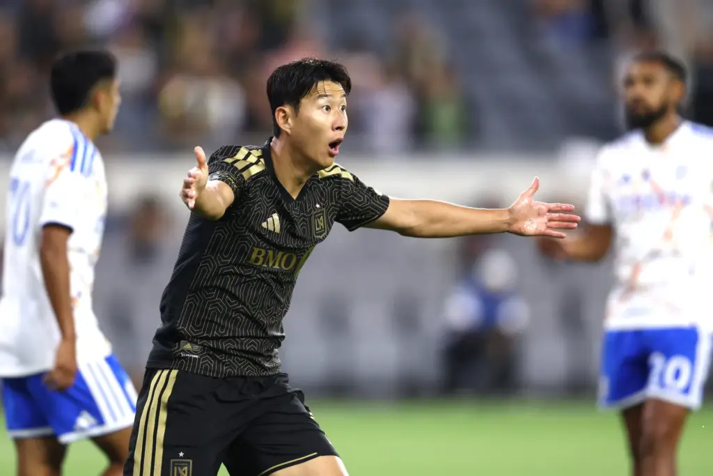 Los Angeles FC forward Son Heung-Min reacts after not getting...