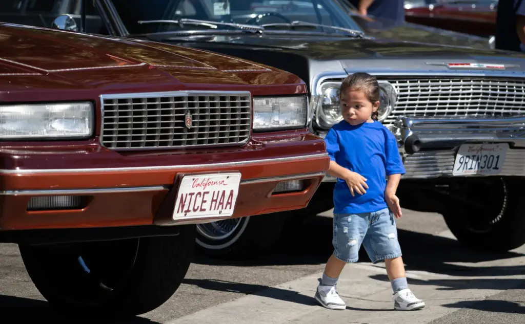Three-year-old Julius Gil checks out the cars during the Chicano...