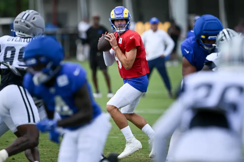 Rams starting quarterback Matthew Stafford looks to pass during the...
