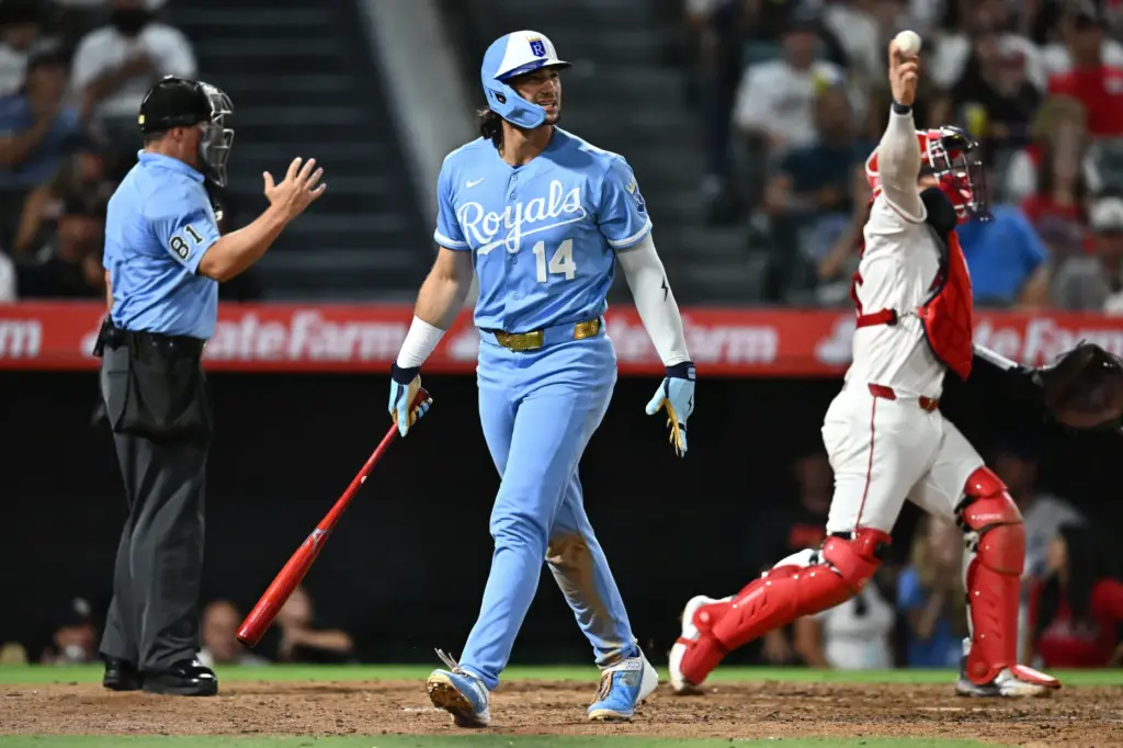 Kansas City Royals’ Jac Caglianone (14) reacts after striking out...