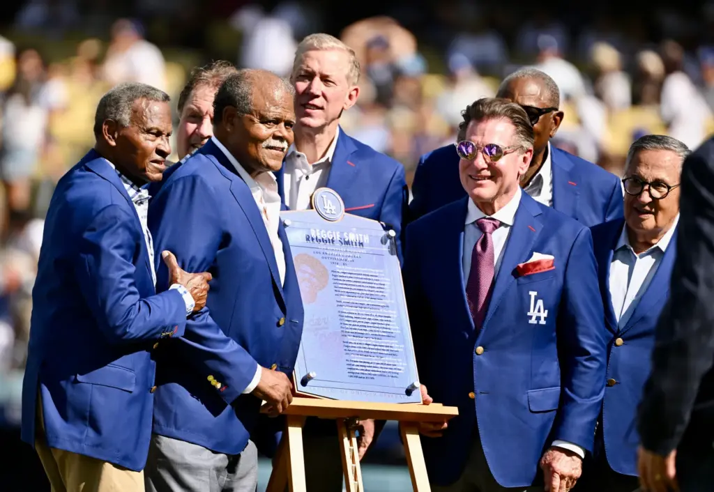 Former Los Angeles Dodger Reggie Smith (second from left) with...